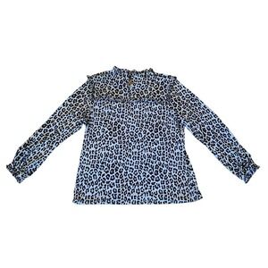 Karl Langerfeld Blouse Top Women SZ L Black/White Leopard Print Long Puff Sleeve